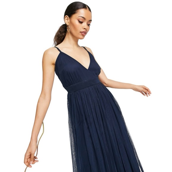 ANAYA WITH LOVE Tulle Plunge V Neck Maxi size 2 Navy Bridesmaid Wedding Formal - Picture 2 of 14